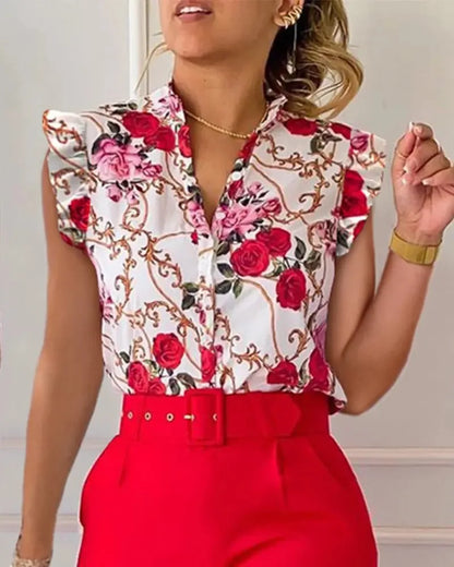 Elegant Women Two Piece Set Suits New Fashion Printed Ruffle Sleeve Top Solid Color Pants Set With Belt  Blouses Female Clothing