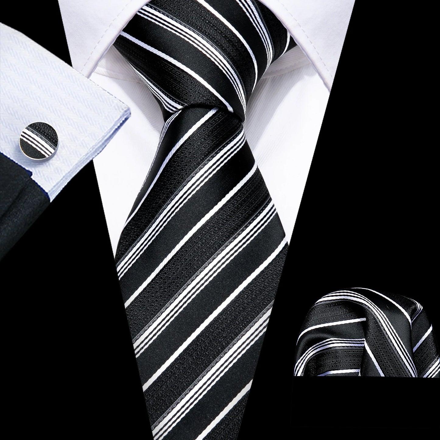 Barry.Wang Black White Gray Silver Silk Men Tie Handkerchief Cufflinks Set Jacquard Necktie for Male Wedding Business Party Gift