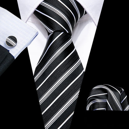 Barry.Wang Black White Gray Silver Silk Men Tie Handkerchief Cufflinks Set Jacquard Necktie for Male Wedding Business Party Gift