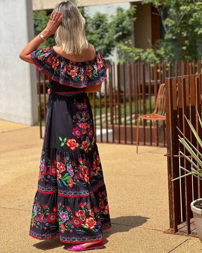 2024 Spring Summer Women's New Sexy One Shoulder Off Shoulder Fashion Red Flower Printed Lace Up Waist Long Swing Dress