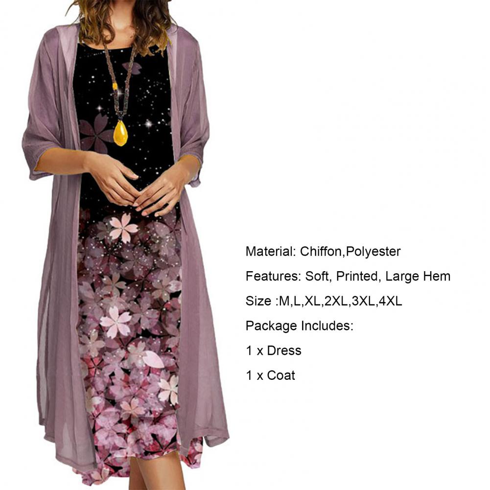 Female 1 Set Stylish Vintage Round Neck Dress Two-Piece Ladies Dress Set Floral Print   for Party