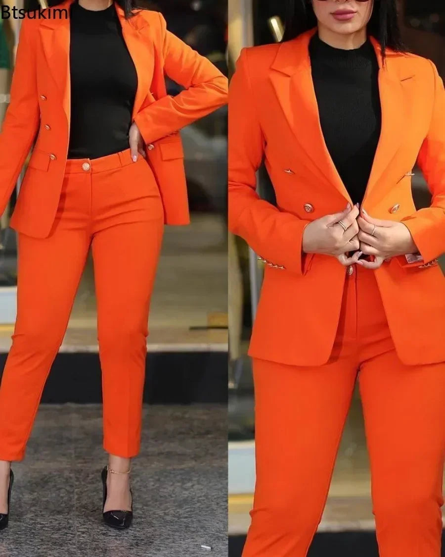 2024 New Women's Fashion Two Piece Sets Business Casual Women Long Sleeve Suit Coats and Pants Sets Office Ladies Formal Outfits