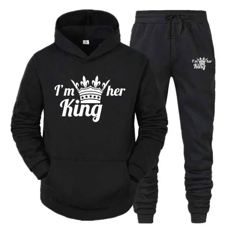 Lover Tracksuit Hoodies Printing QUEEN KING Couple Sweatshirt Hooded Clothes Hoodies Women 2 Piece Set Men Women Sportwear