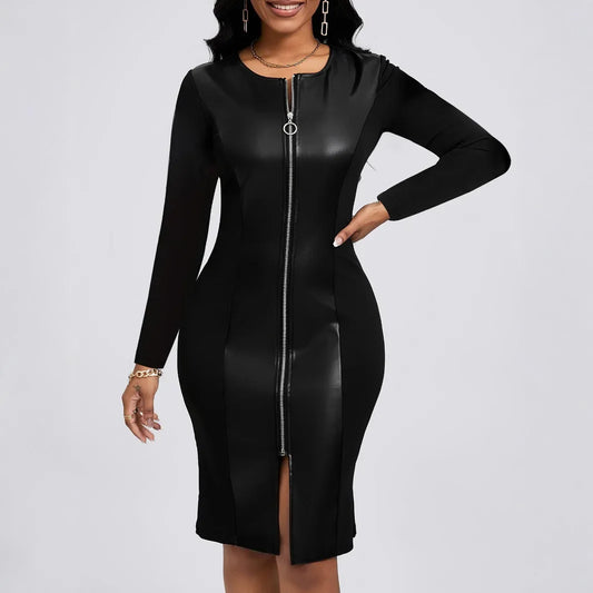 Plus Size Elegant Zipper PU Leather V-Neck Midi Long Sleeve Bodycon Dress Women's plus Size Dress Fashionable Cross-Border Gown