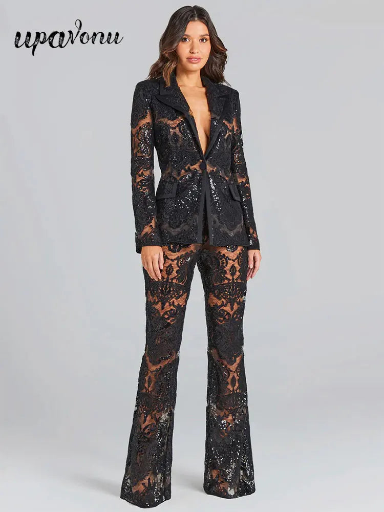 Sexy Autumn Women's Sequin Perspective Suit Pants Set with Polo Collar Long Sleeve Slim Fit Suit Coat+Flare Pants Two Piece Set