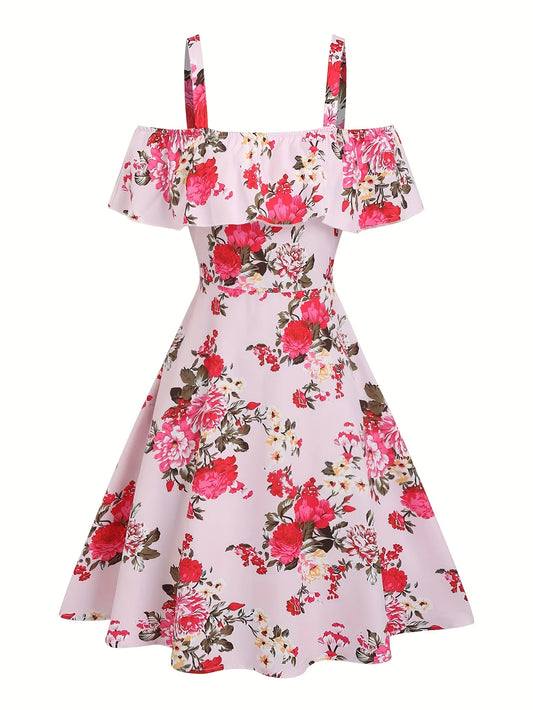 New spring and summer women's fashion from Europe and America: floral print off-shoulder ruffle dress