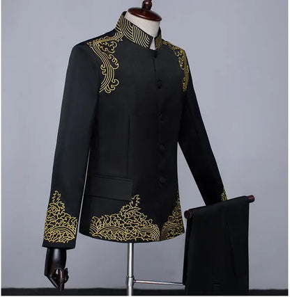 New Men Standing Collar Embroidered Suit 2 Piece Fashion Male Business Social Wedding Prom Stage Performance Dress Blazer Pant