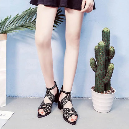 2022 New Style Women Summer Hollow Out Faux Leather Rhinestones Thick Heel Zipper Sandals Shoes Eur 35-41