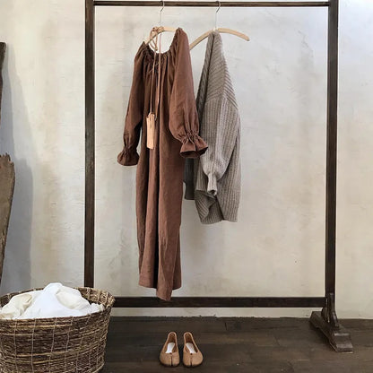 2025 New Spring Cotton Linen Dress for Women Solid Long Sleeve Drawstring Office Lady Elegant Maxi Dress