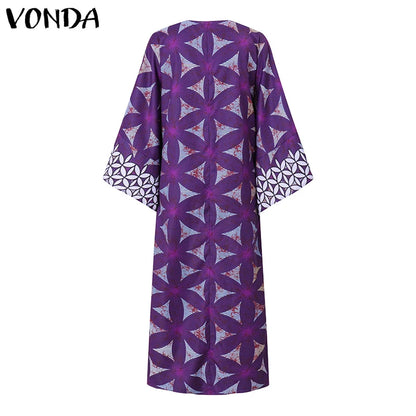 Plus Size 5XL VONDA Women Bohemian Printing Maxi Dress 2025 Vintage Sundress Casual 3/4 Sleeve Party Robe Loose O-Neck Vestidos