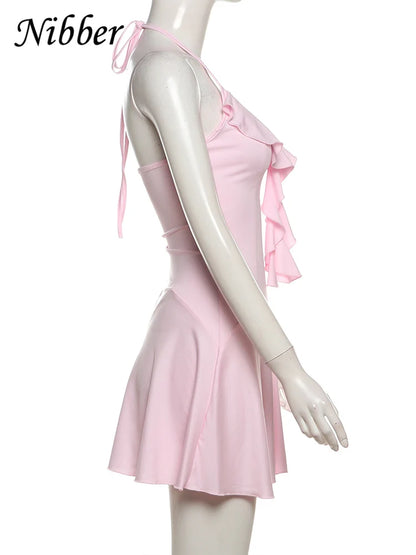 Nibber Halter Ruffles V-Neck Dress Women Backless Elegant Sexy Summer Fashion V-Neck Solid Birthday Party Clubwear Mini Bodycon