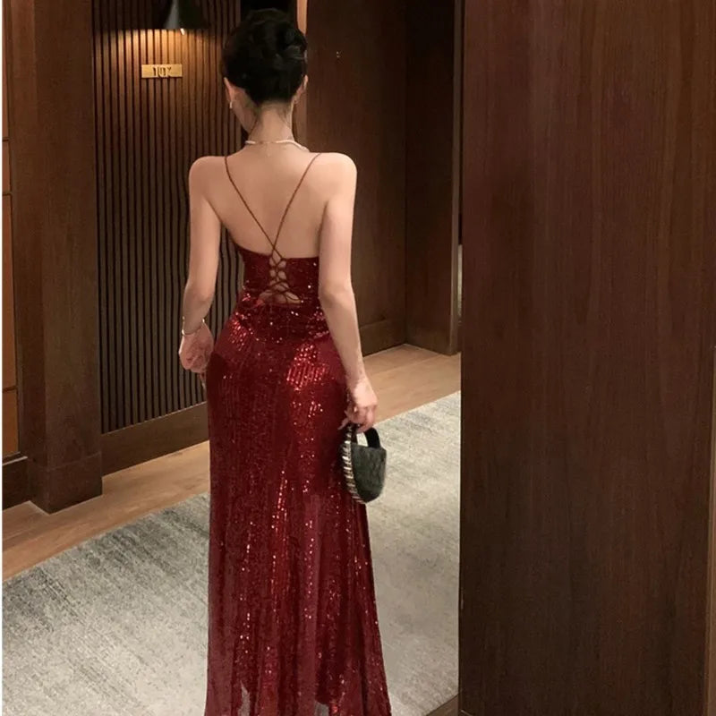 Sexy Backless Sequined Maxi Dresses for Women V-neck Lace-up High Split Evening Luxury Dress Fashion Birthday Party Prom Robe