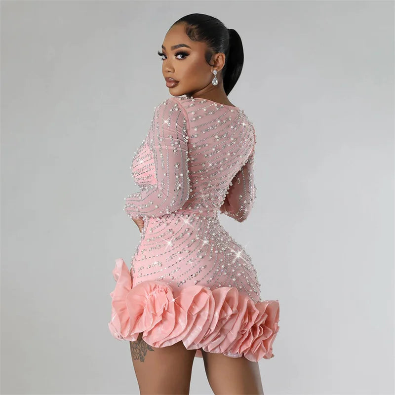 2024 New Women Mesh Sleeve Bodycon Sexy Diamonds Birthday Party Dress Tierred Ruffles Rhinestone Pearls Night Club Dress Pink