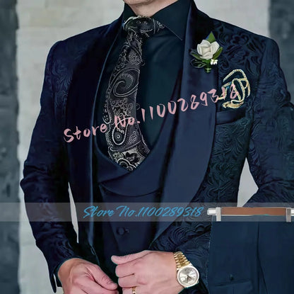 Jacquard Men's 3-piece Suit Set Formal Party Dress Groom Tuxedo High Quality Elegant Men Terno Masculino  Costume Homme Mariage