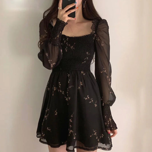 Spring Womens Sexy Black Dress Vintage Flower Long Puff Sleeve Chiffon Dresses Korean Casual Mini Vestidos Mujer Clothes 13676