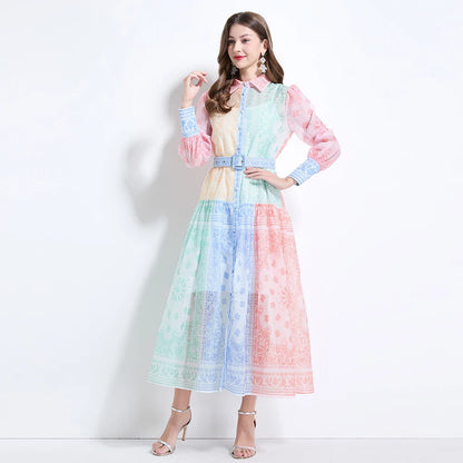 Spring Summer 2025 New Women Fashion Rainbow Print Elegant Shirt Long Dresses Vintage Single Breasted Party Dress Bohemian Trend