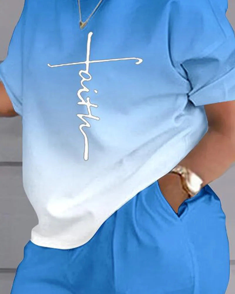 Casual Loose Short Sleeve Tshirt Shorts Set Office Lady Summer Fashion O-neck Colorful Print Two Piece Set Women Outfit 2023