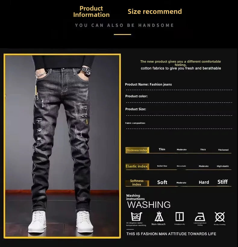 Men's Spring Autumn New Style Black Casual Jeans Korean Trendy Versatile Distressed Slims Smooths Your Silhouette Men's Trousers