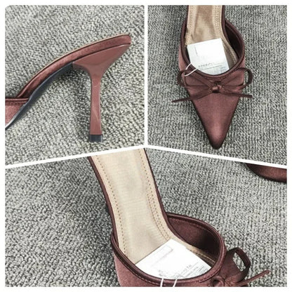 Bow High Heels Slippers Women Pointed Toe Mules Shoes Sexy 2025 Summer Dress Party Stilettos Sandals Woman Slides Trend Pumps