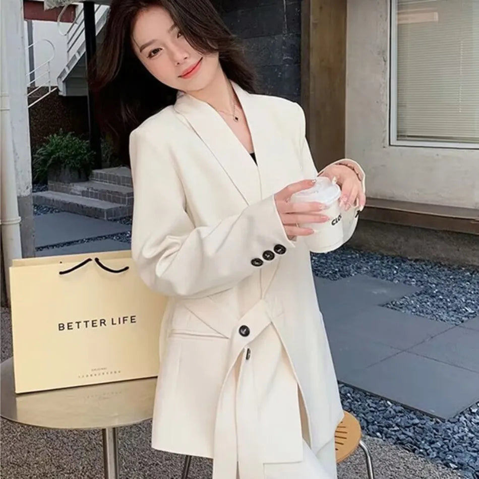 Women's Korean Fashion Long Sleeve Blazer And Wide Leg Pants Two-Piece Set Office Casual Loose Fit Spring Autumn Suits