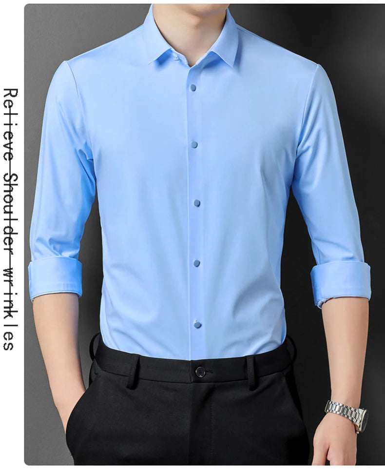 Men's High Quality Solid High Elasticity Seamless Comfortable Long Sleeve Shirts Slim Social Casual Business Formal Dress Shirt