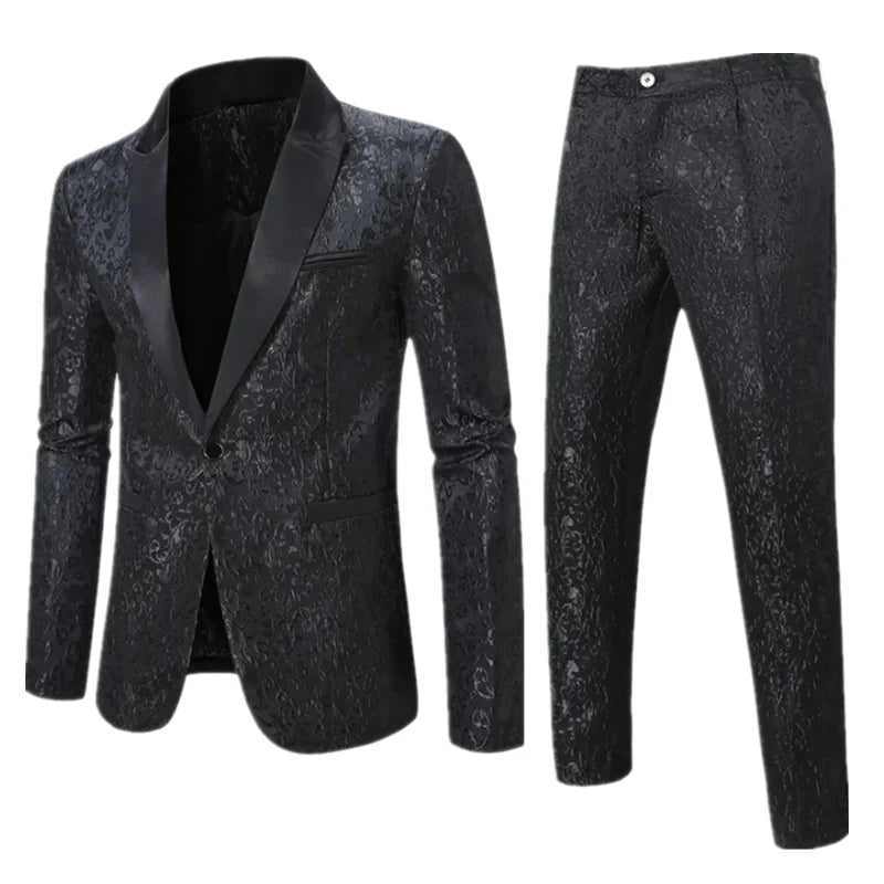 Fashion Men Business Jacquard Suit 2 Piece Black / Gold / White Male Dance Party Swallowtail Dress Male Blazers + Pants