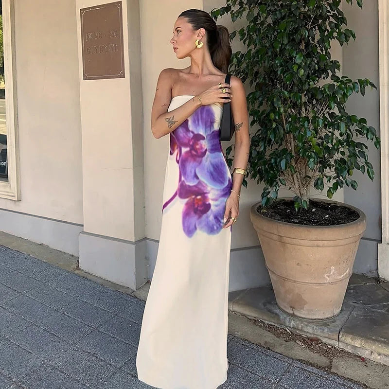 Spring/Summer Fashion Floral Print Bustier Dress Elegant Sleeveless Backless Loose A-Line Skirt Women's Casual Comfortable Dress