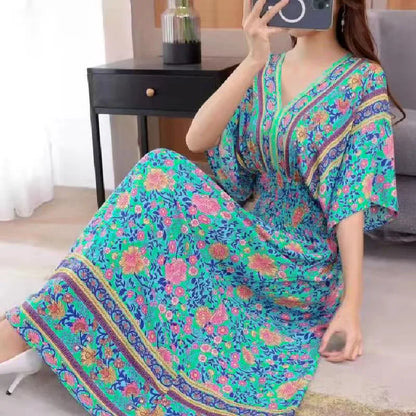 Spring New In Women's Dress V-Neck Short Sleeve Dress Elegant Sweet Print Dress Casual Retro Boho Elastic Waist A-Line Dress