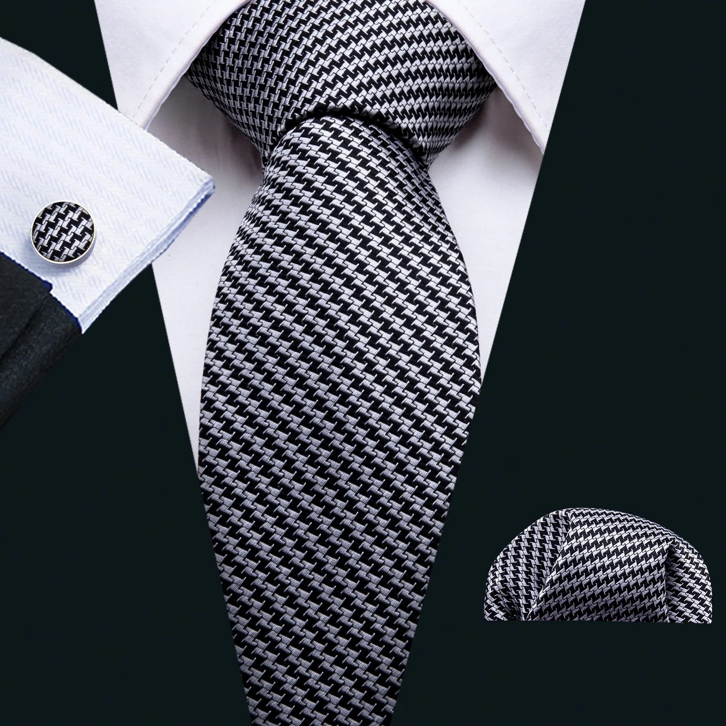 Barry.Wang Black White Gray Silver Silk Men Tie Handkerchief Cufflinks Set Jacquard Necktie for Male Wedding Business Party Gift