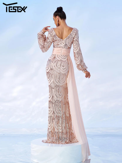 Yesexy Women’s Winter Long Sleeve Sequin Evening Dress - V-Neck Skinny Gown