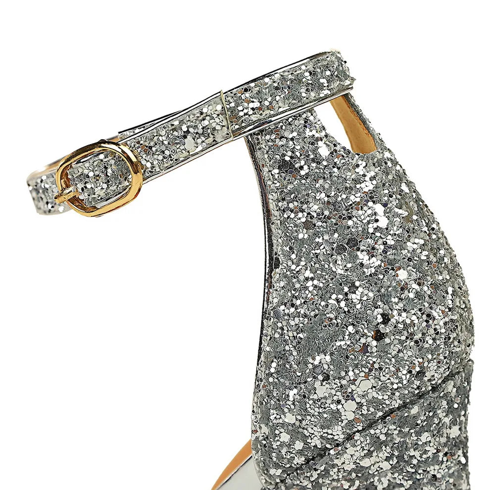 Women Summer Platform Sandals 10cm High Heels Silver Bling Sequins Ankle Strappy Sandles Lady Wedding Event Party Sparkly Shoes