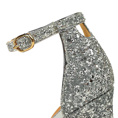 Women Summer Platform Sandals 10cm High Heels Silver Bling Sequins Ankle Strappy Sandles Lady Wedding Event Party Sparkly Shoes