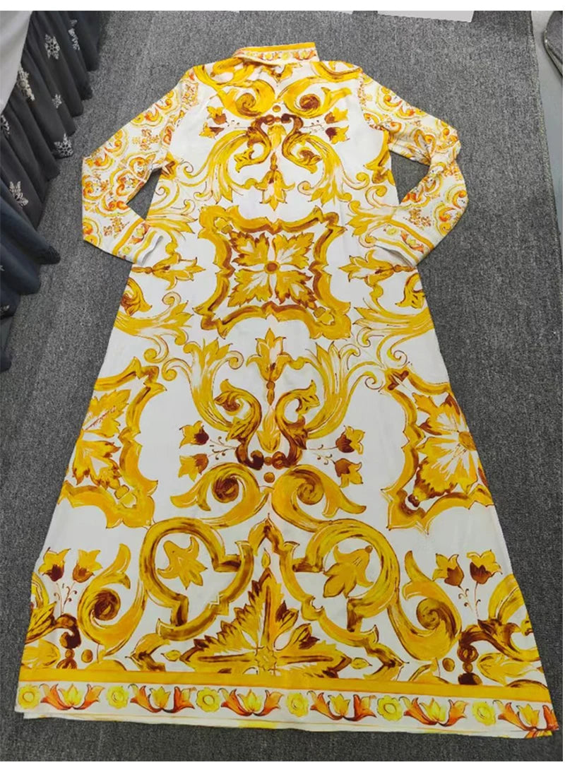 Fashion show spring and summer women's new printed casual shirt long skirt elegant single-breasted long-sleeved loose dress