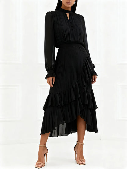 Elegant Ruffle Long Sleeve Dress for Women Chic Spring Summer Layered A Line Dress Lady Pleated Verstidos Prom Party Gowns