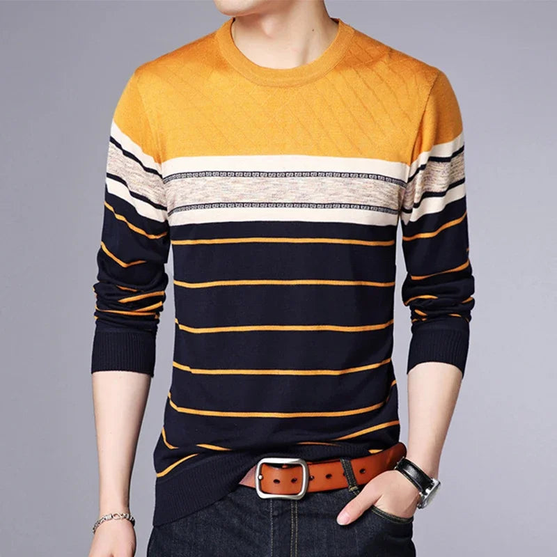 Men's New Fashionable Striped Knitted Shirt Long Sleeved Comfortable All Season Base Shirt Casual Top