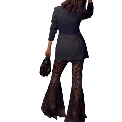 Women Fashion Elegant Blazer Jacquard Lace Pants Sets Slim Button Full Sleeve Suit Jacket Long Flare Trousers Lady Party Outfits