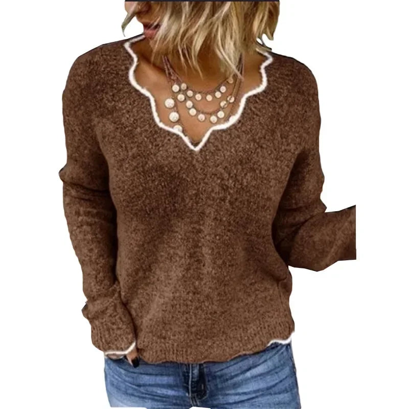 ALLUKASA 2025  Autumn Winter Women's Solid Color Long Sleeved V-neck Knitted Cute Pullover Sweater Loose