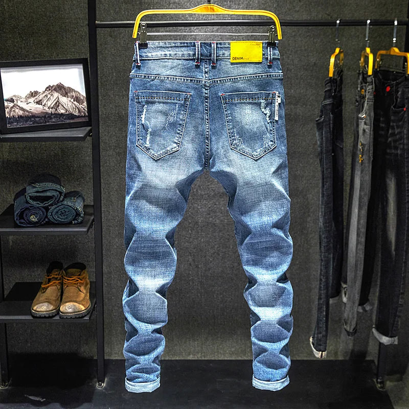 Men Stretch Slim Ripped Jeans Hip Hop Streetwear Korean Vintage Distressed Little Feet Pants Personality Male Trousers