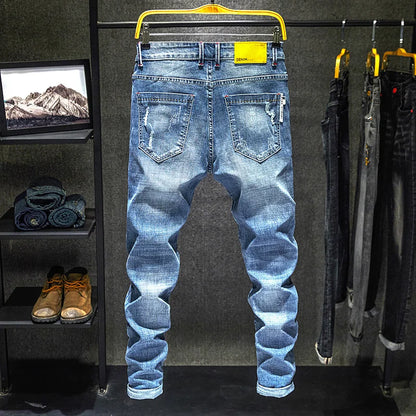 Men Stretch Slim Ripped Jeans Hip Hop Streetwear Korean Vintage Distressed Little Feet Pants Personality Male Trousers