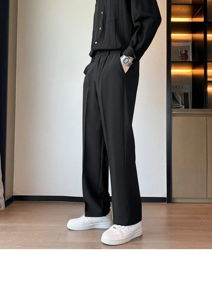 Spring Summer Men Suit Pants Wide Leg Long Drape Trousers Fashion Streetwear Clothing Solid Stretch Waist Oversize Pants Black