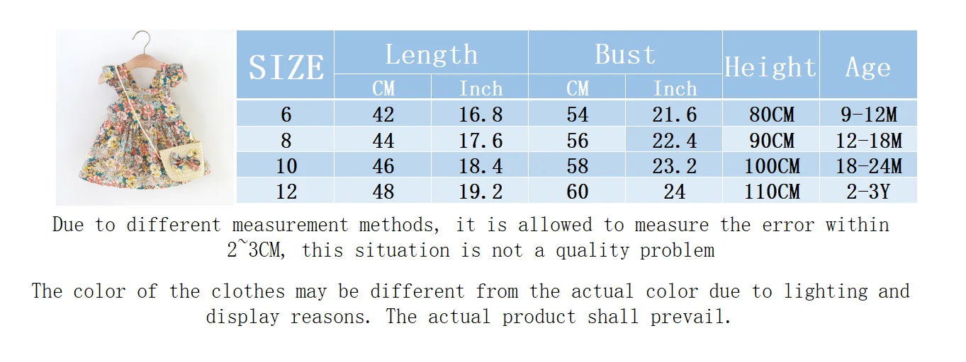 2 Pcs Summer New Baby Girl Dress Fashionable Floral Fly Sleeve Cotton Dress with Crossbody Bag Suitable for Babies Aged 0-3