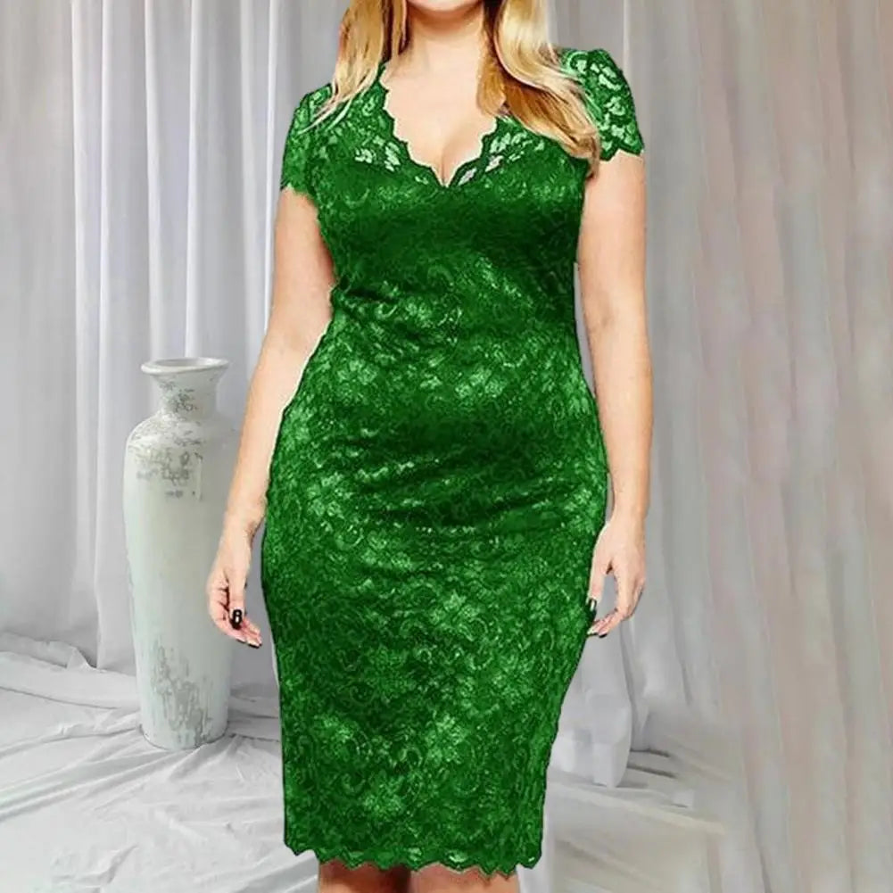 Summer Women See-through Lace Patchwork Mini Dress V-Neck Short Sleeve Slim Fit Plus Size Party Dress Female Clothing