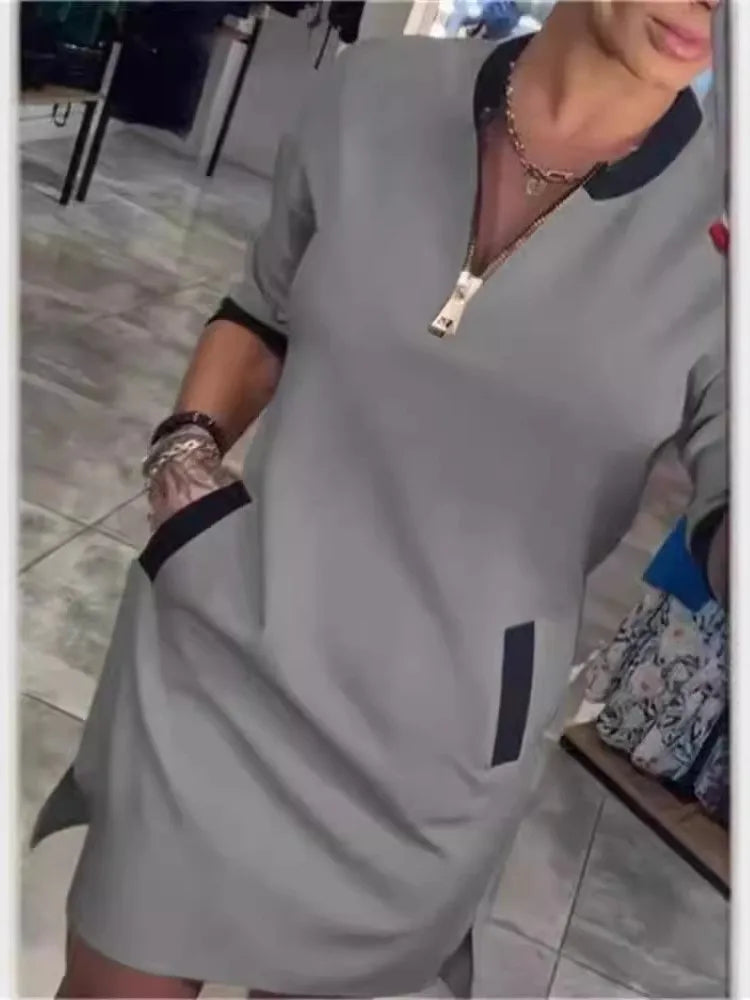 Spring Elegant Women's Dress Autumn Long Sleeve Zipper O Neck Fashion Dress For Women 2025 Casual Loose Dresses Female