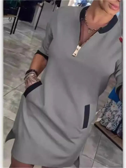 Spring Elegant Women's Dress Autumn Long Sleeve Zipper O Neck Fashion Dress For Women 2025 Casual Loose Dresses Female