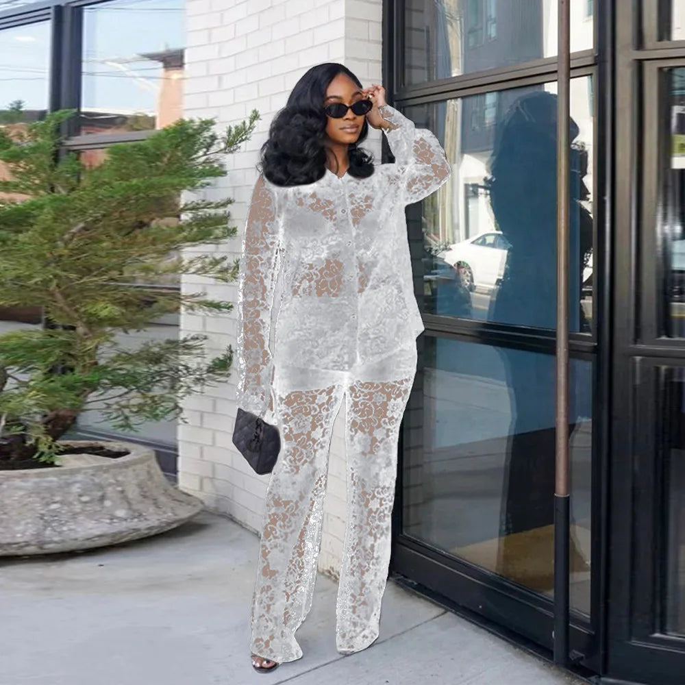 Perspective Lace Pants Set Summer 2024 New 2 Piece Set Chic Slim Elegant Office Women's Set Fashion Street Youth 2-piece Suit