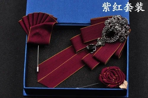 Fashion Handmade Bow Tie Wedding Collar Luxury Rhinestone Bowtie Necktie Brooch Pocket Towel Square Set Gift for Men Accessories