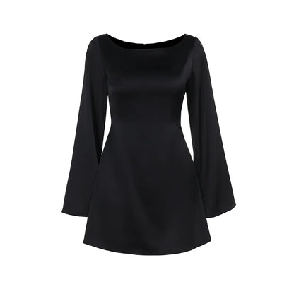Satin Dress for Women Fashion Vintage Streetwear Dresses Solid Slim Long Sleeve Lace Up Mini Autumn Winter Dresses