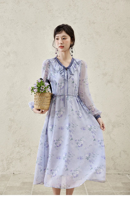 MISHOW Print Spring Summer Dress for Women New 2025 Ruffled V-neck Long Sleeve Blue French Dresses Female Fashion MXE15L2139