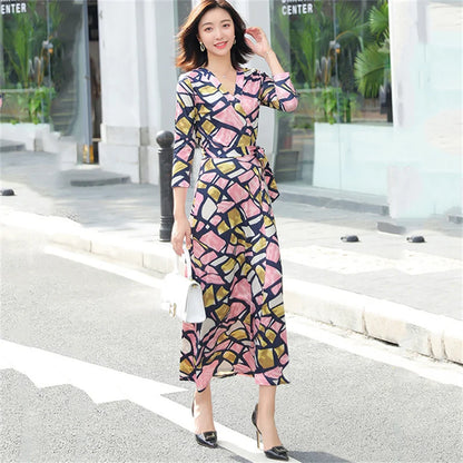 FANIECES Summer Wrap Dresses Women Sexy V Neck Split Maxi Dress Print Female Casual Beachwear Lace Up Party Vestidos Robe платье