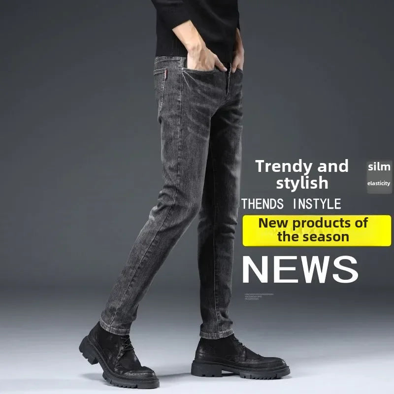 New Trendy Black Grey Jeans For Men Elastic Slim Fit Smooths Your Silhouette Casual Style Korean Version Versatile Long Pants